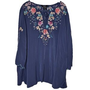 Colleen Lopez Tunic Top Women's Blue Excellent Embroidered Floral Butterfly 2X